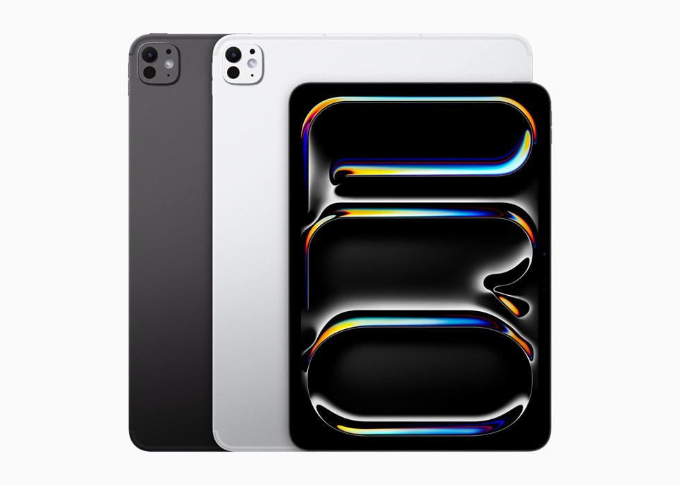 Un iPad Pro de 13 pulgadas en negro espacial y plata con la pantalla en un iPad Pro de 11 pulgadas.