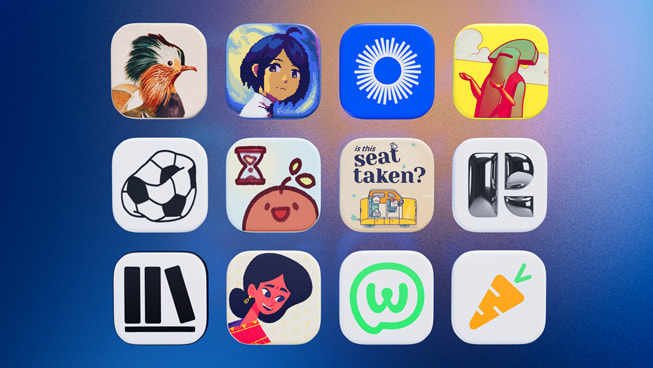 Icons representing Art of Fauna, A Space for the Unbound, Be My Eyes, Chants of Sennaar, despelote, Focus Friend, Is This Seat Taken?, Retro, StoryGraph, Venba, Whoscall, and Yuka.