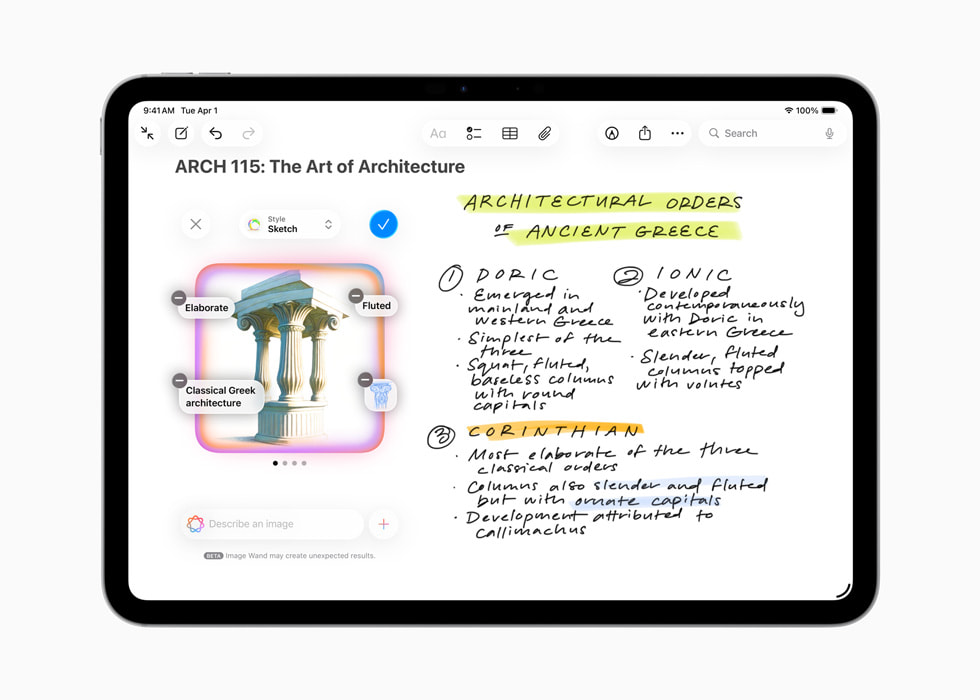iPad shows an Image Wand screen featuring notes and sketches for an architecture lesson, with the user holding Apple Pencil to circle a building.