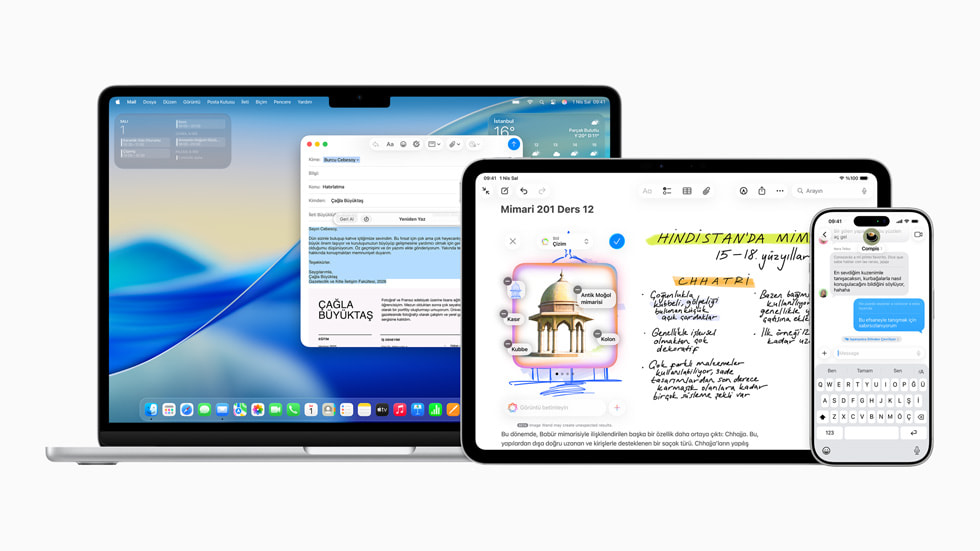 MacBook, iPad ve iPhone’da Yazma Araçları, Görsel Sihirbazı ve Canlı Çeviri gibi çeşitli Apple Intelligence ekranları gösteriliyor.