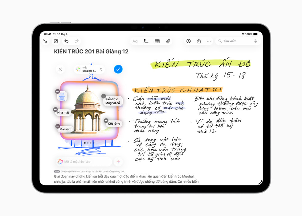 iPad hiển thị màn hình Đũa Phép Hình Ảnh với các ghi chú và bản phác thảo cho một bài giảng kiến trúc, trong đó người dùng đang cầm Apple Pencil để khoanh tròn một tòa nhà. 