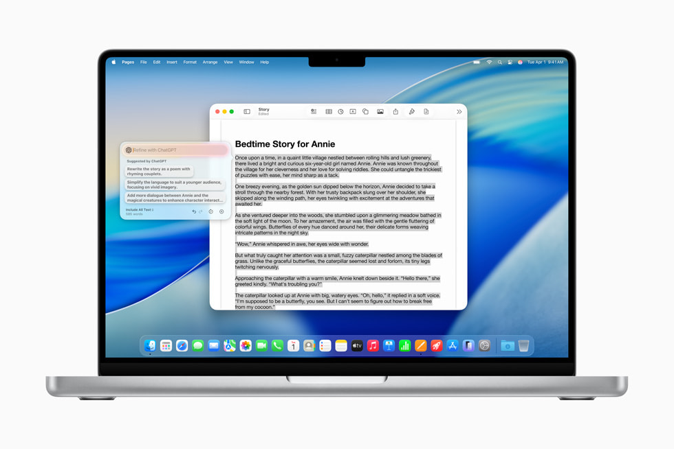 En MacBook viser et skjermbilde av Ny tekst med ChatGPT og forslag til en godnatthistorie.