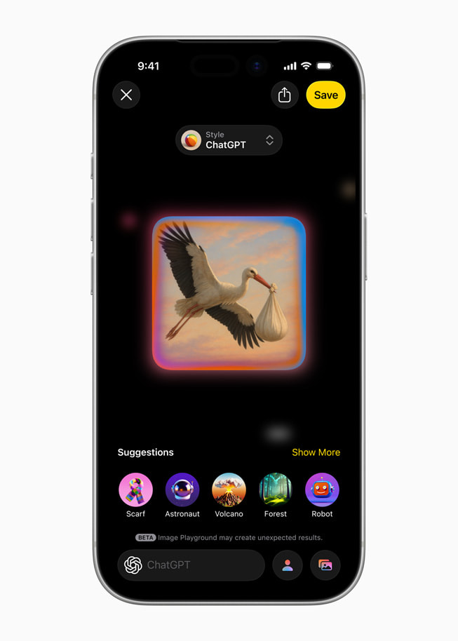 En iPhone viser et skjermbilde av Image Playground med integrert ChatGPT.