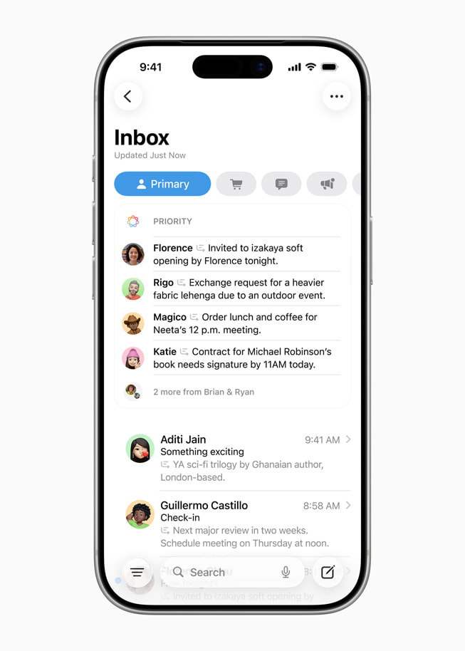 En iPhone viser Mail med prioriterte meldinger øverst på skjermen.