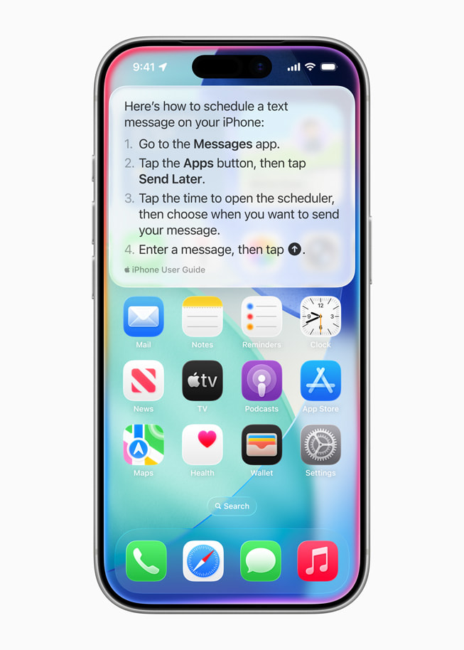 En iPhone viser en trinnvis veiledning for å planlegge å sende en tekstmelding.