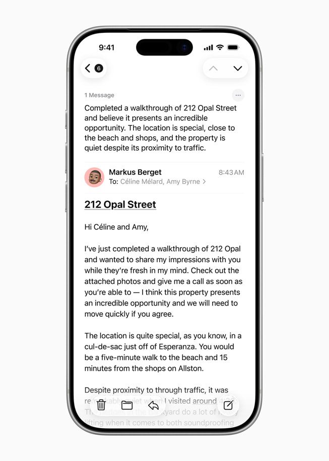 En iPhone viser oppsummeringen av en e-post.