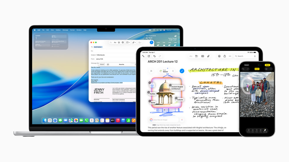 En MacBook, iPad og iPhone viser ulike skjermbilder av Apple Intelligence med Skriveverktøy, Bildemagi og Visk ut.