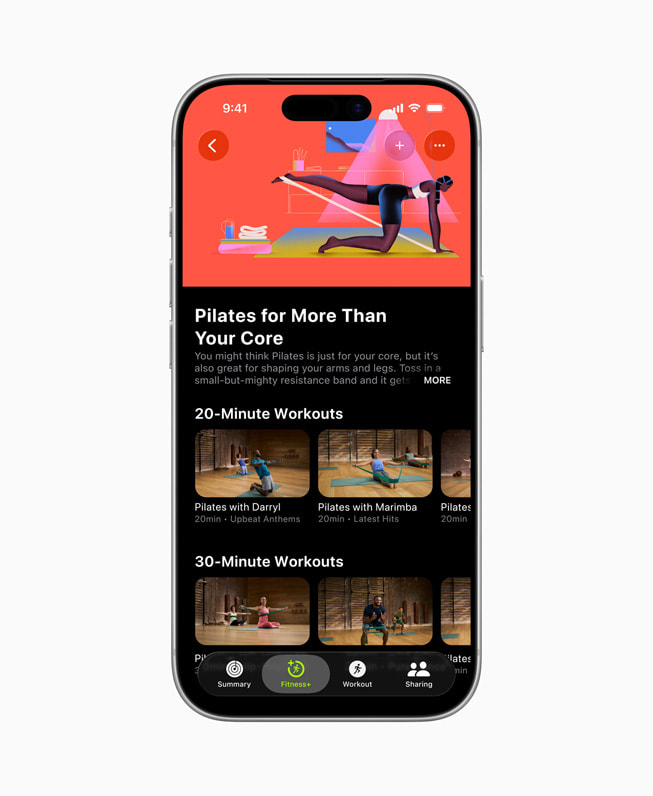 Samlingen Pilates for More Than Your Core vises I Apple Fitness+ på en iPhone 17 Pro.