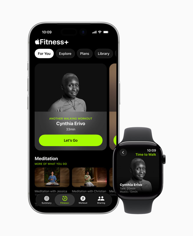 Tid for en tur-episoden med Cynthia Erivo i Apple Fitness+ vises på en iPhone 17 Pro.