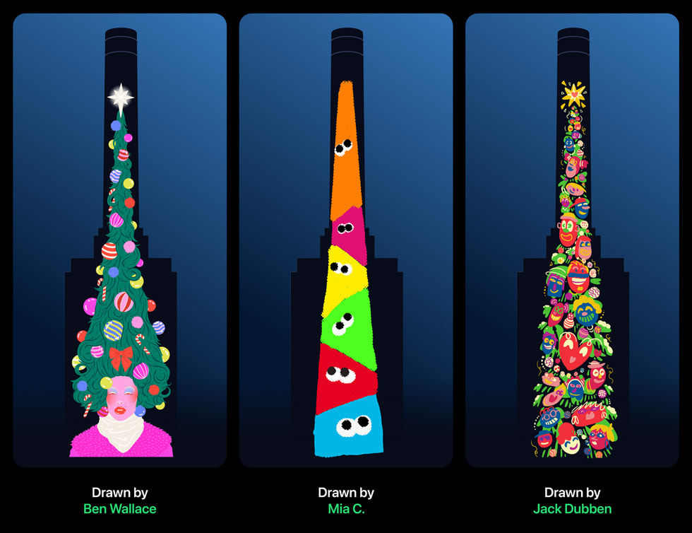 Colorful winning Christmas tree designs by Samantha Shannon-Oliver, Adam Hayes, Paul Brown, and Jack Dubben.