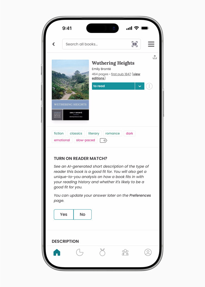 A screenshot taken on an iPhone 17 Pro that shows the Wuthering Heights StoryGraph page. 