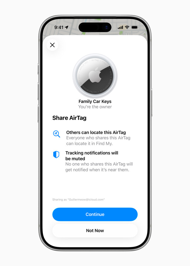 iPhone 17 Pro shows an screen that reads “Family Car Keys” and offers information on sharing the AirTag’s location. Two buttons at the bottom of the screen read “Continue” and “Not Now.”