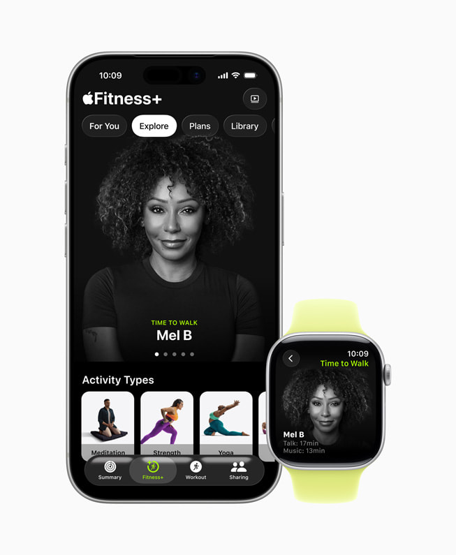 Mel B’s Time to Walk in Fitness+ displayed on iPhone and Apple Watch.