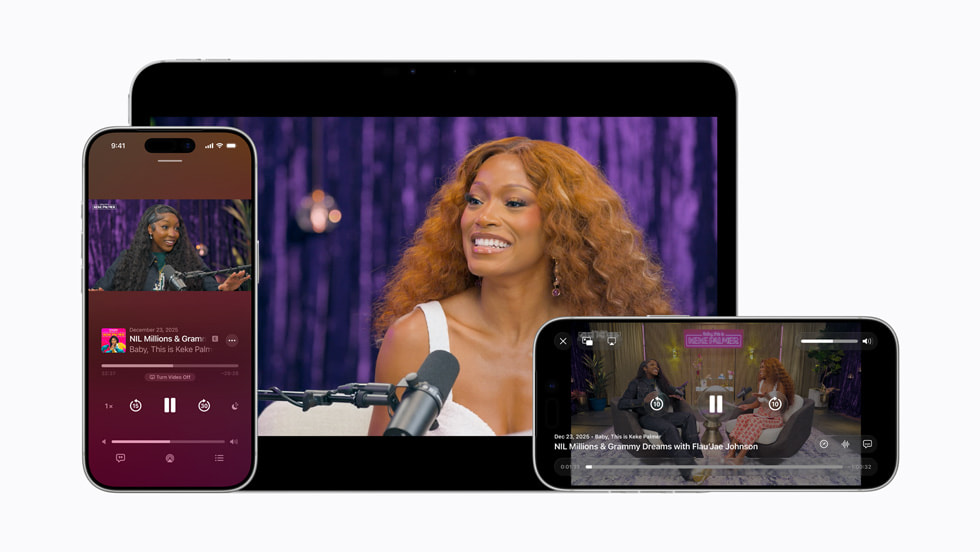 The podcast Baby, This is Kiki, shown on iPhone 17 Pro and the 11-inch iPad Pro 11 with the M4 chip.