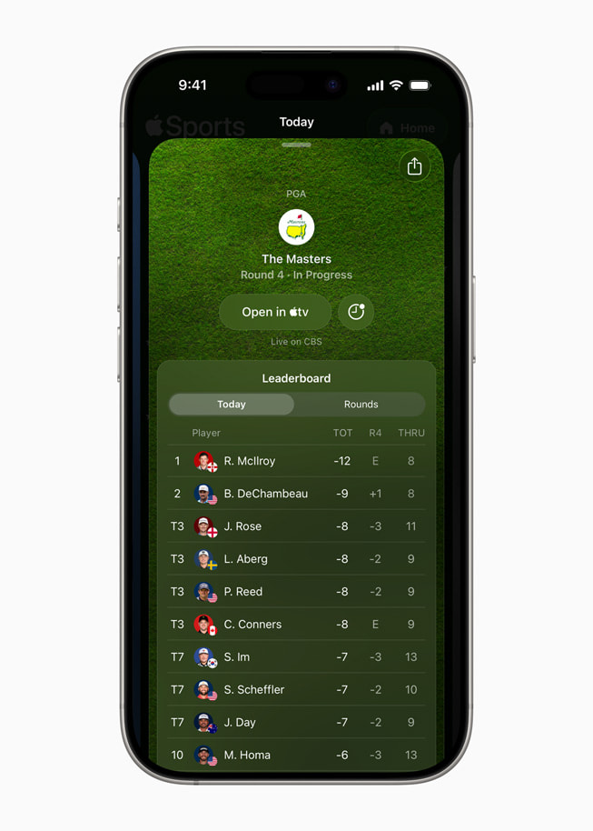 An iPhone 17 Pro screen shows a page for the Masters in the Apple Sports app.