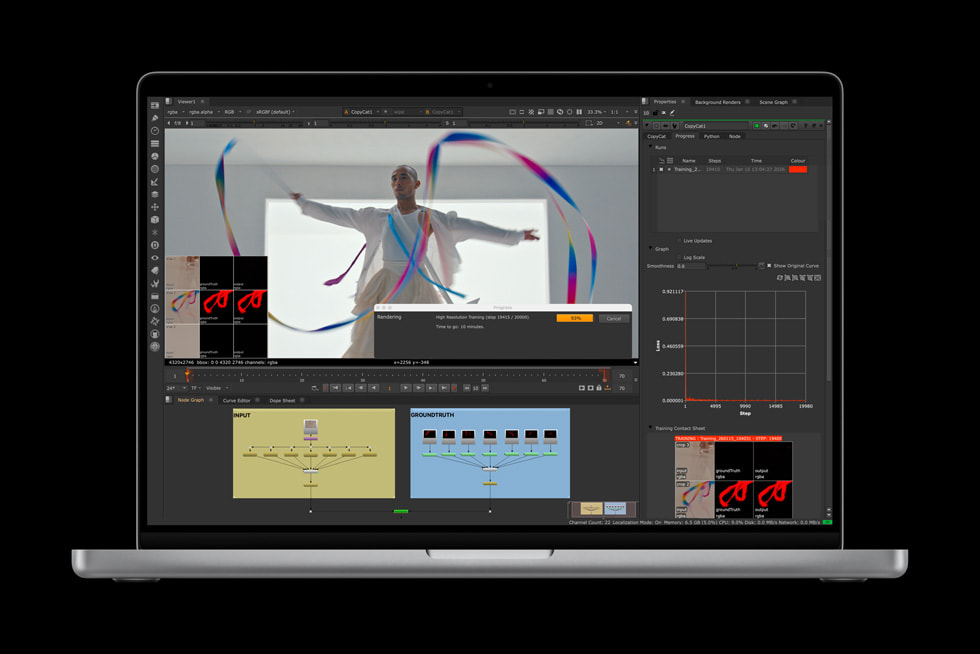 MacBook Pro shows a video-editing screen in NukeX.