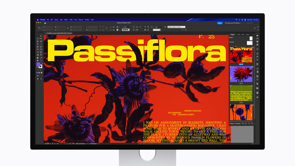 Adobe InDesign is shown on a user’s Studio Display XDR.