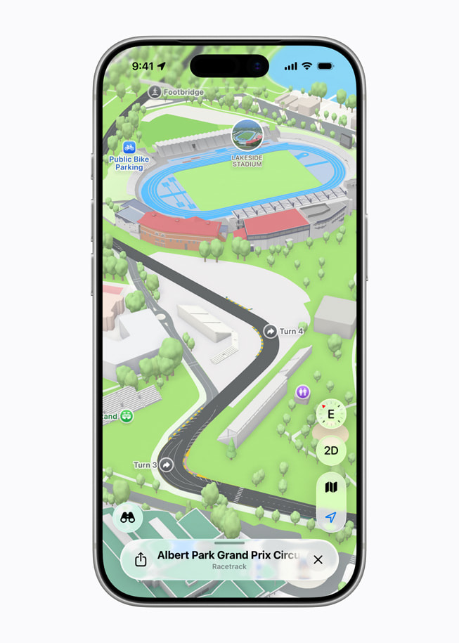 iPhone shows an Apple Maps screen featuring turn three, turn four, and the Lakeside Stadium at the Australian Grand Prix.