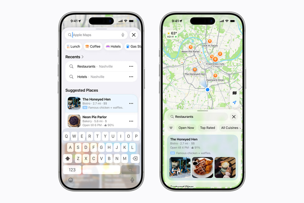 Two iPhone 17 Pro devices show the Apple Maps app, including an ad for a restaurant called The Honeyed Hen.