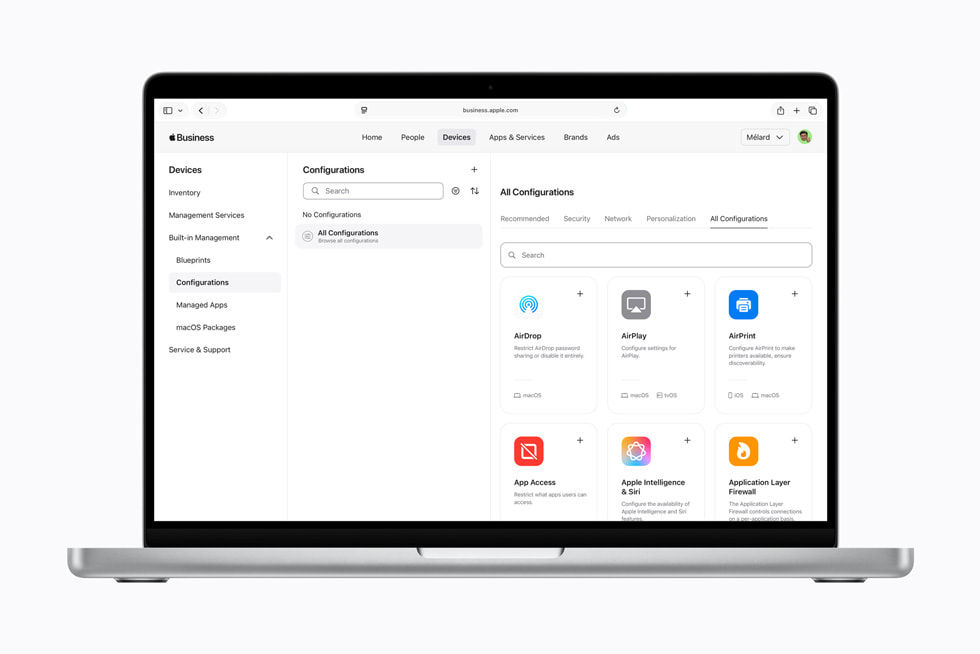 The configurations screen is shown within Apple Business on Mac.