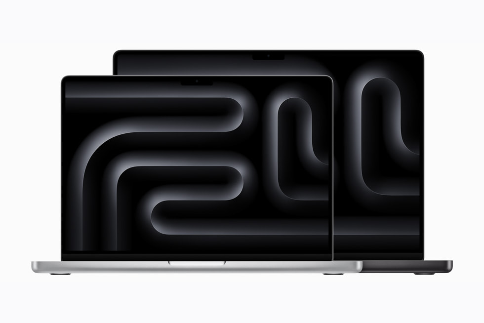 14-inch MacBook Pro in silver is shown in front of 16-inch MacBook Pro in space black.