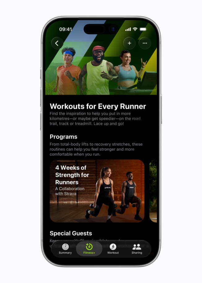 iPhone shows an Apple Fitness+ screen that reads, “Workouts for Every Runner.” 