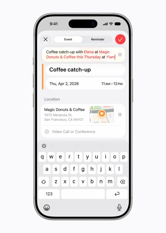 Ein iPhone 17 Pro Display zeigt, wie ein:e Nutzer:in in der Kalender App ein neues Ereignis erstellt.