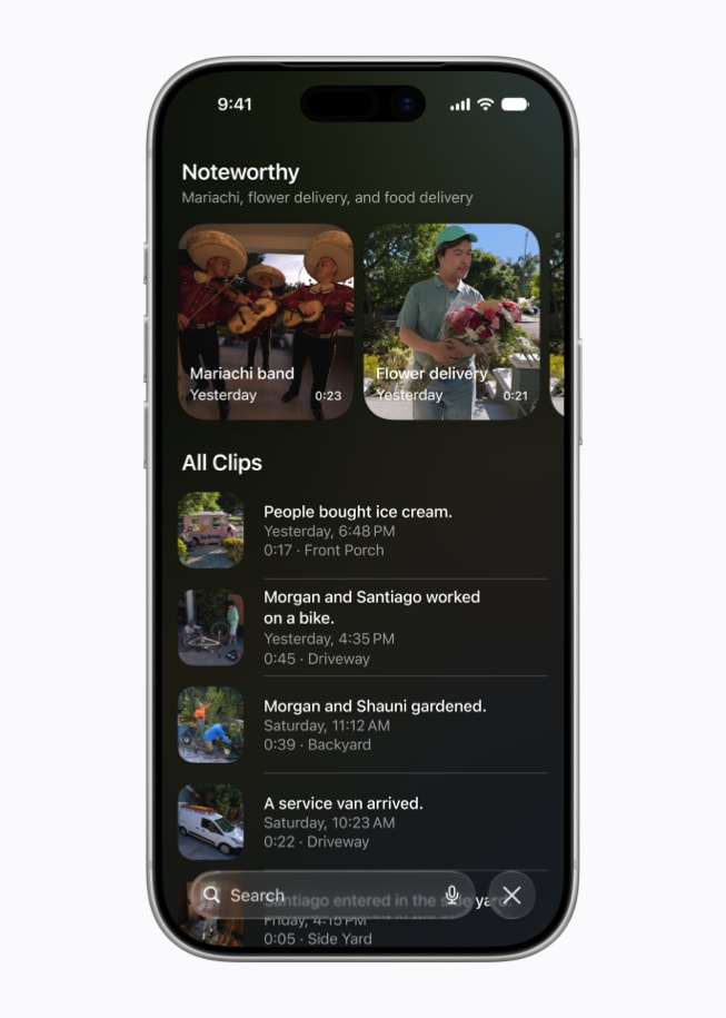 Ein iPhone 17 Pro Display, auf dem in der Home App der Abschnitt Noteworthy mit verschiedenen Videoclips von Sicherheitskameras angezeigt wird.