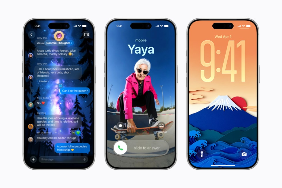 Displays bei drei iPhone 17 Pro zeigen die Nutzung von Image Playground, einmal in der Nachrichten App, einmal als Kontaktposter und einmal als Hintergrundbild für den Sperrbildschirm.