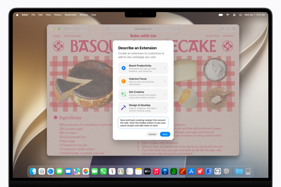 Ein 14" MacBook Pro Display, auf dem ein Safari Dialogfeld für das Feature Create Extension auf einer Webseite für Backrezepte angezeigt wird.