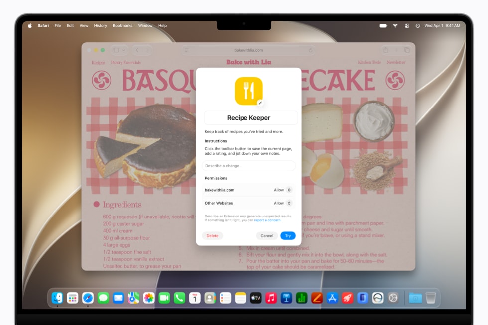 Ein 14" MacBook Pro Display, auf dem ein Safari Dialogfeld für Recipe Keeper auf einer Webseite für Backrezepte angezeigt wird.