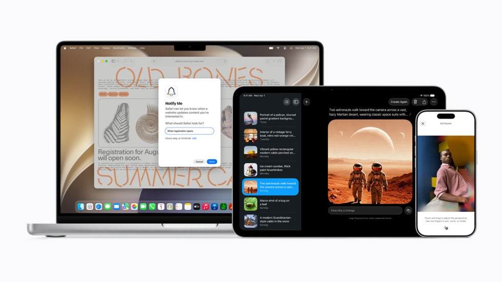 Ein Apple Vision Pro Headset, ein 14" MacBook Pro, ein 11" iPad Pro und ein iPhone 17 Pro zeigen verschiedene Benutzeroberflächen für Apple Intelligence.