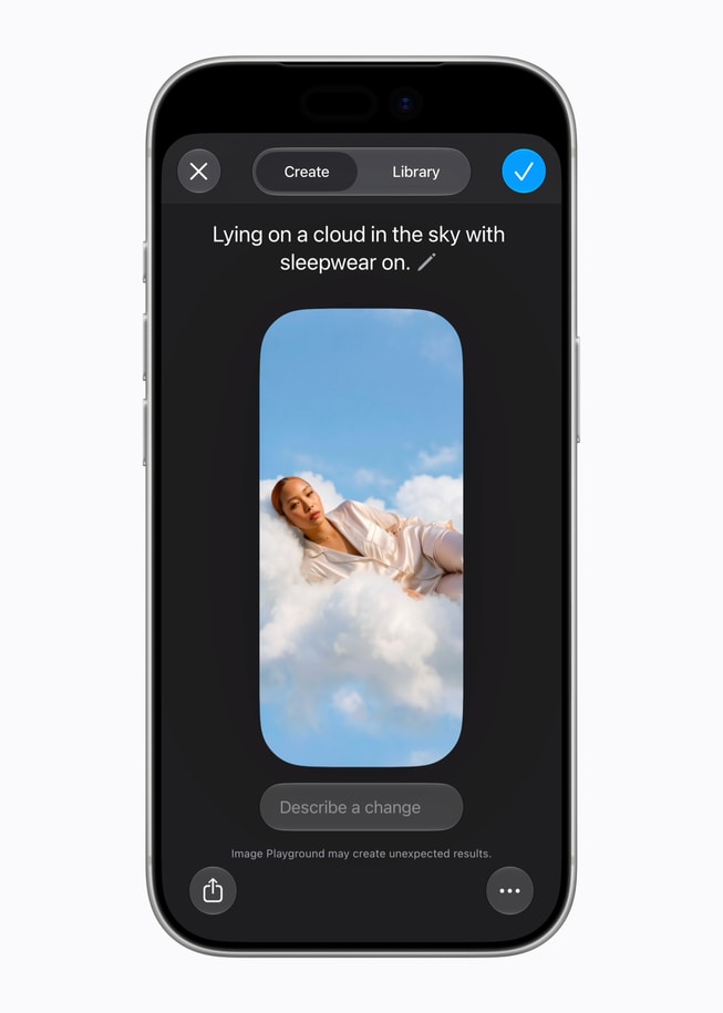 Ein:e Nutzer:in verwendet Image Playground mit dem Prompt „Lying on a cloud in the sky with sleepwear on.“