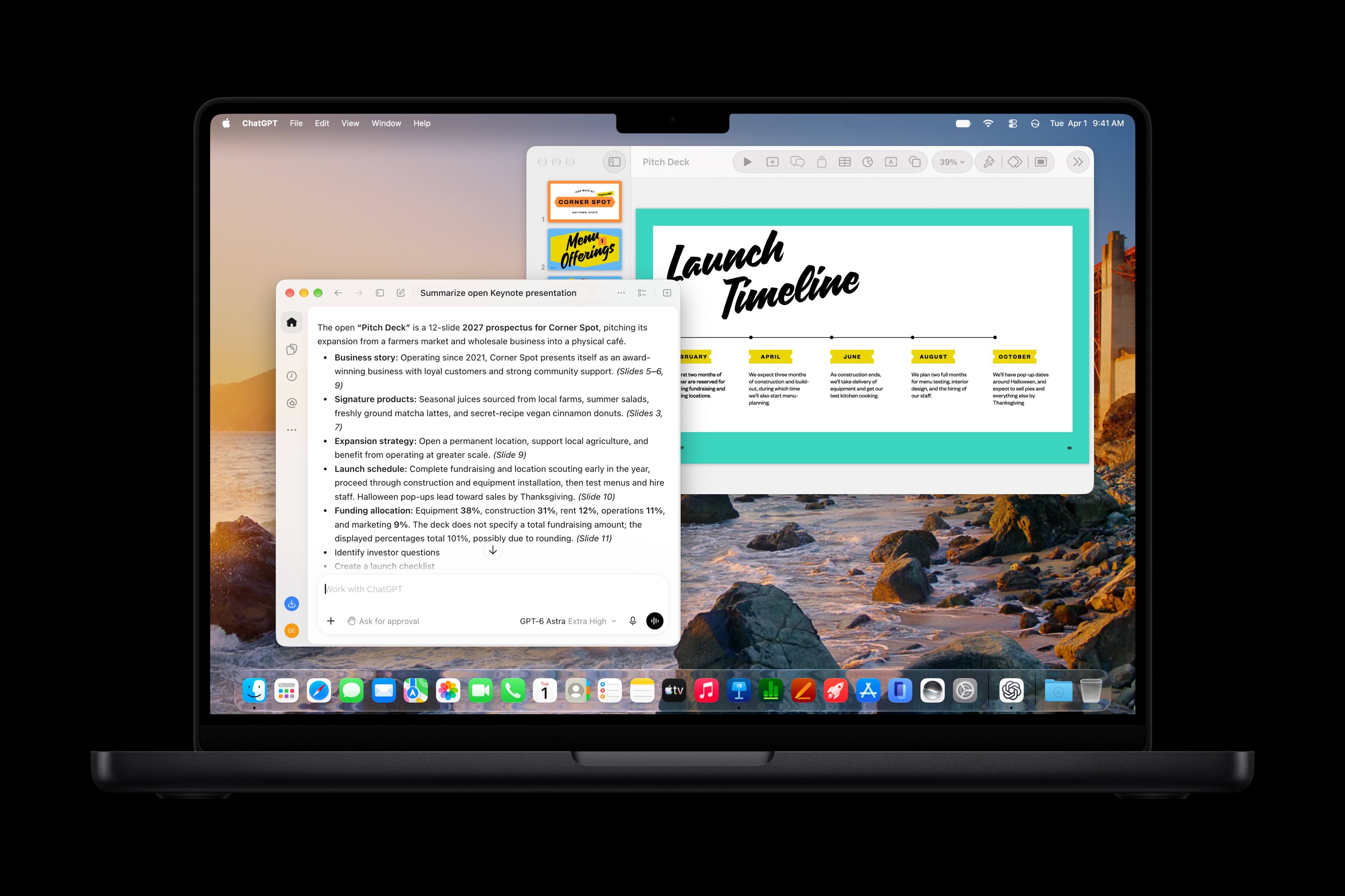 MacBook Pro shows a pitch deck in Keynote as well as an AI summary of the pitch deck.