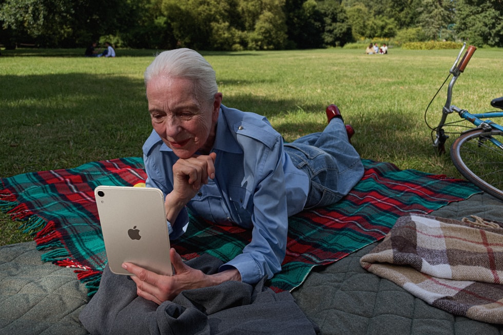 A person lying on a blanket in a park looks at iPad mini.