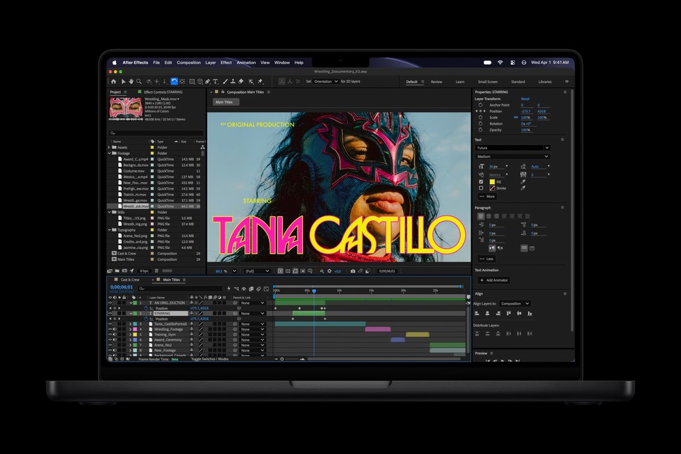 Una MacBook Pro de 14 pulgadas con M6 muestra la edición de un proyecto en Adobe After Effects.