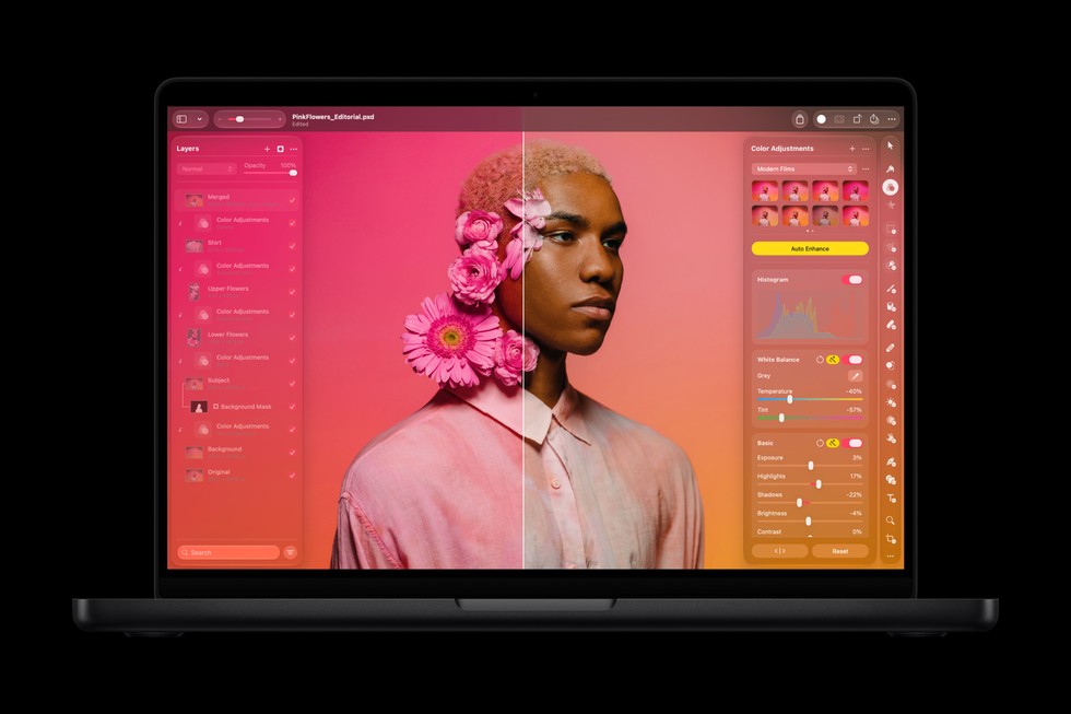 Una MacBook Pro de 14 pulgadas con M6 muestra la edición de imágenes en la app Pixelmator Pro.