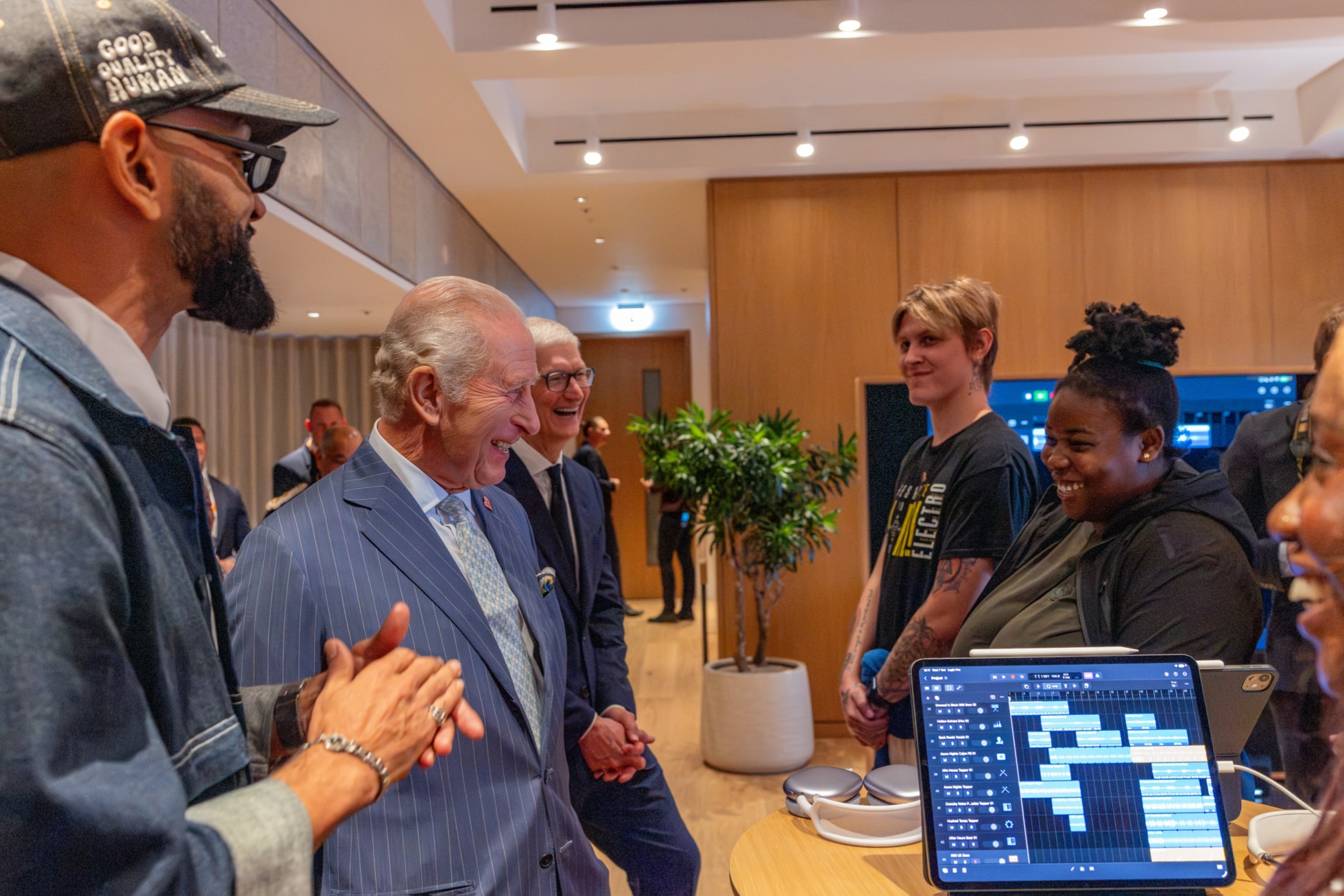 Apple Music’s Prophet Guillory, His Majesty The King, and Tim Cook meet young creatives at Apple Music Hall.