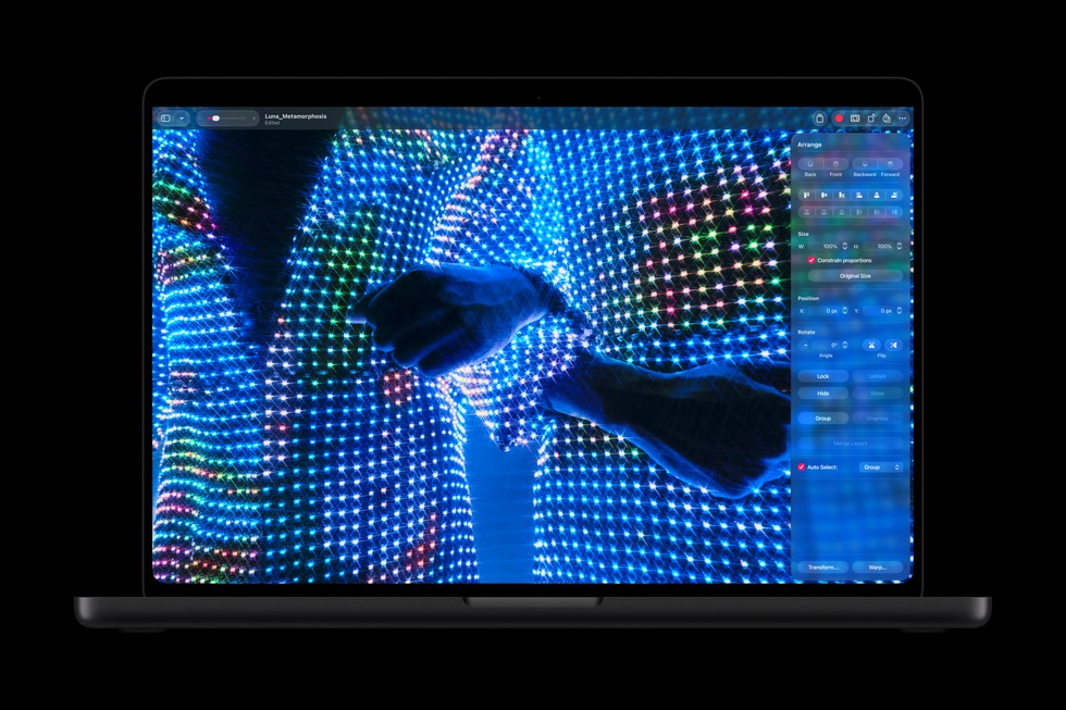 An open MacBook Pro with PROLED XDR Display shows the Pixelmator Pro app.