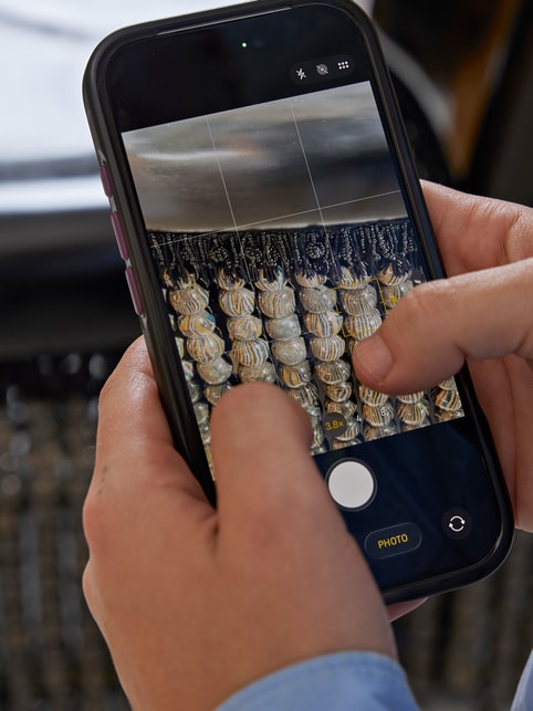 Two hands hold iPhone 18 Pro, which displays a close-up photo of the beaded fringe on “Padded Chair 1860.”