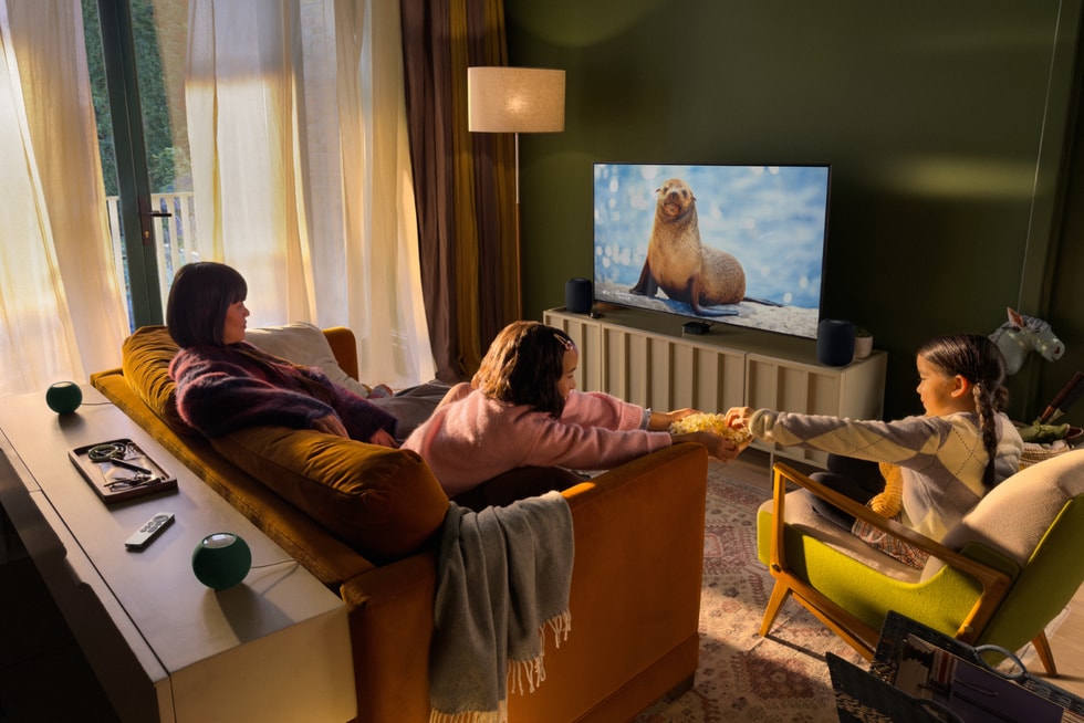 Apple TV 4K and a four-speaker setup, with two HomePod (2nd generation) speakers in the front and two HomePod mini 2 speakers in the rear.