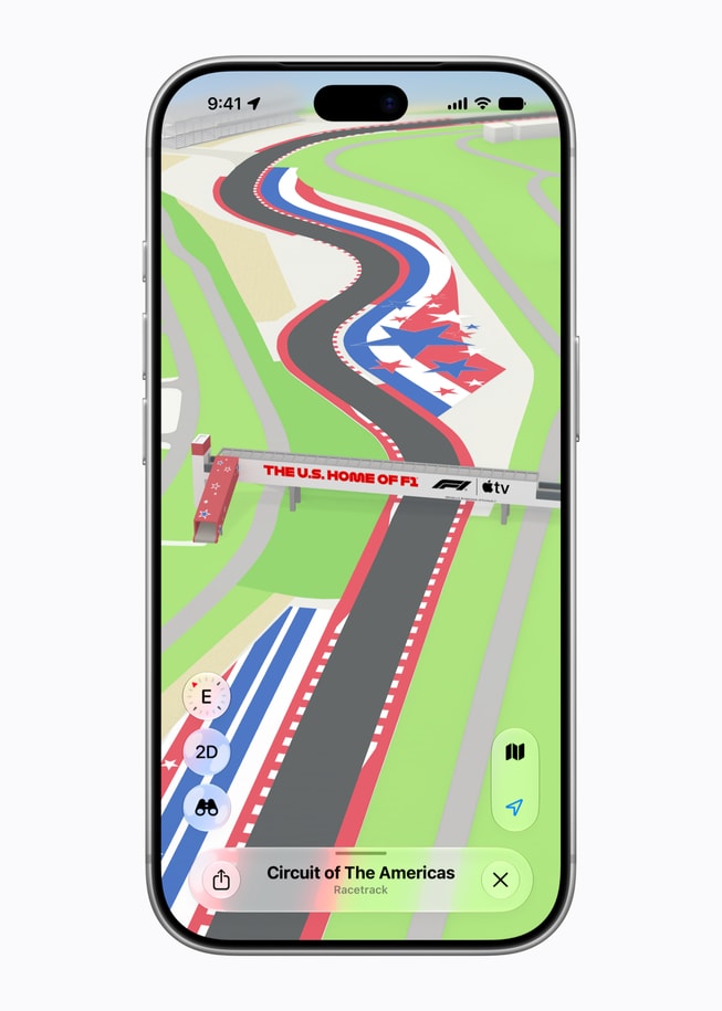 An iPhone screen shows an Apple Maps screen featuring the Circuit of The Americas racetrack with the finish line in view.