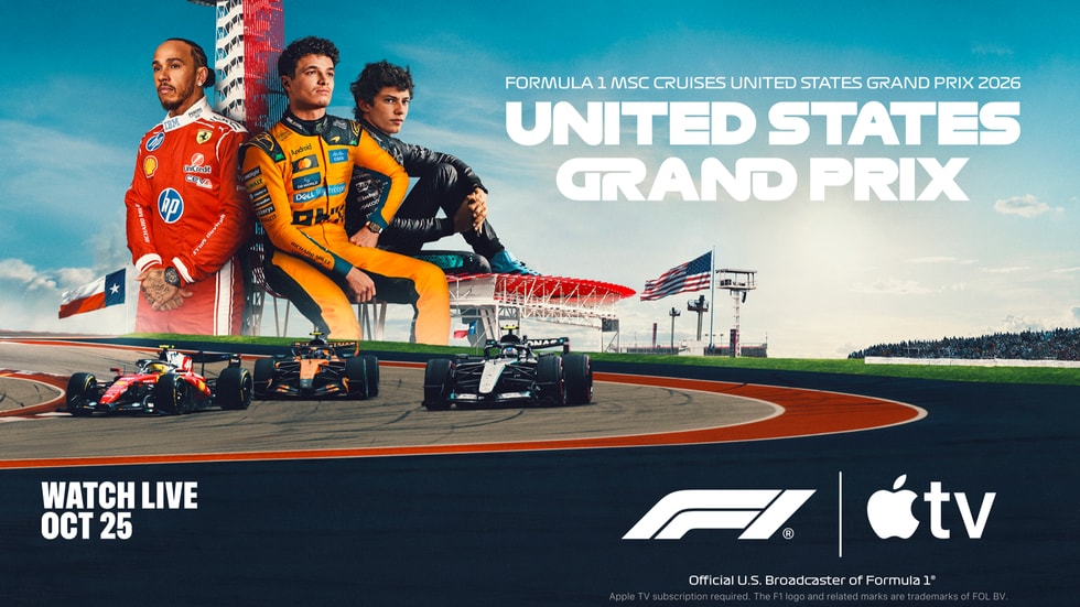 A graphic shows F1 drivers Lewis Hamilton, Lando Norris, and Andrea Kimi Antonelli, along with the text “United States Grand Prix.”