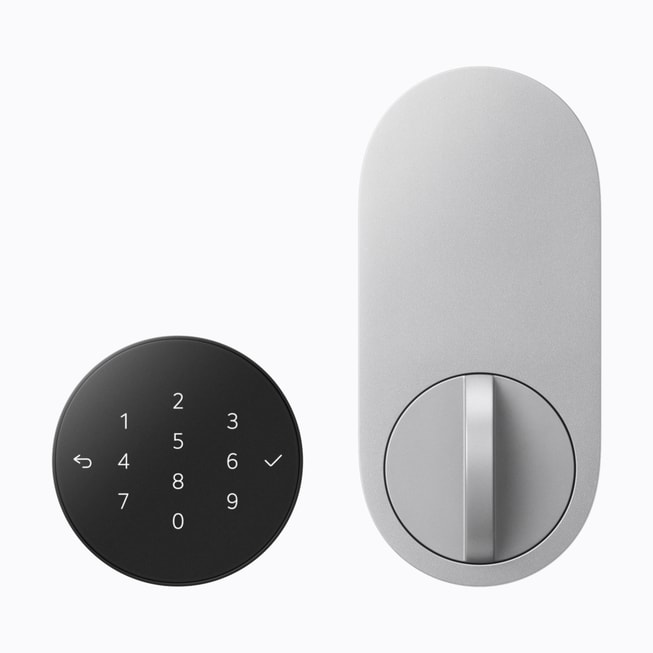 The exterior keypad and interior lock mechanism of LG’s Smart Deadbolt Lock, shown in Essence Silver.