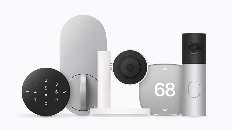 The Apple Home Collection lineup, complete with smart home cameras, thermostats, and a lock.