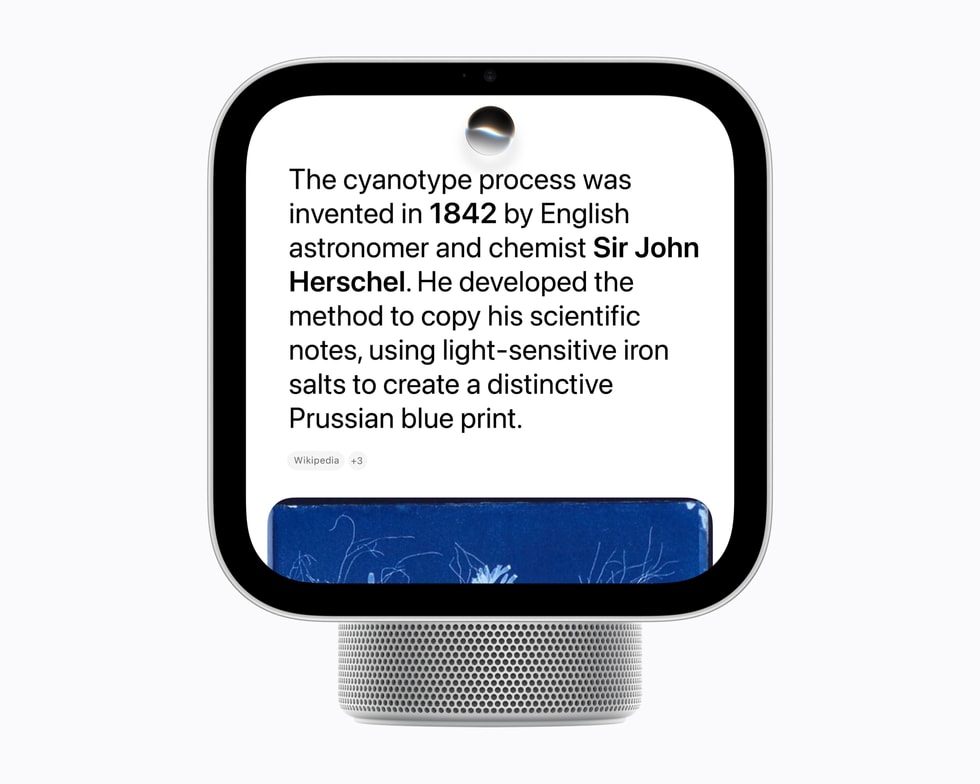 HomeView shows Siri AI giving a user information about the cyanotype process.
