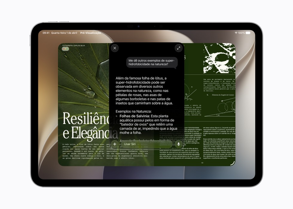 Uma pessoa usa a Siri AI para fazer uma pergunta relacionada ao conteúdo na tela.