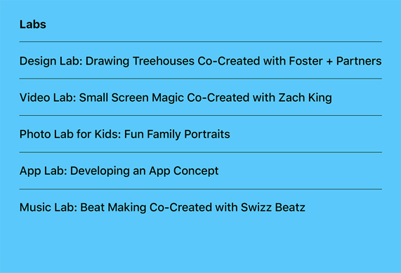 A list of the new Today at Apple Labs sessions.