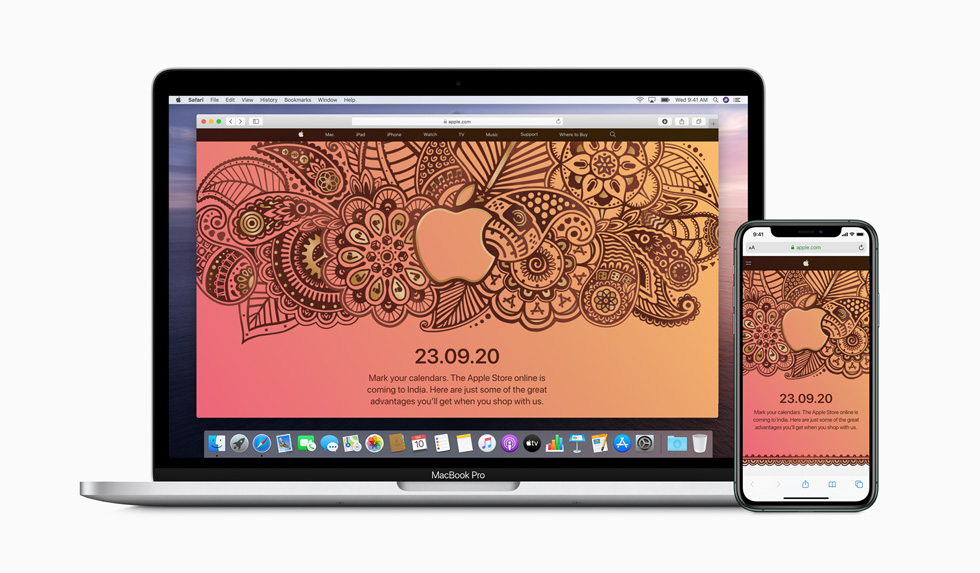 A launch announcement for the Apple Store online is displayed on MacBook Pro and iPhone 11 Pro.