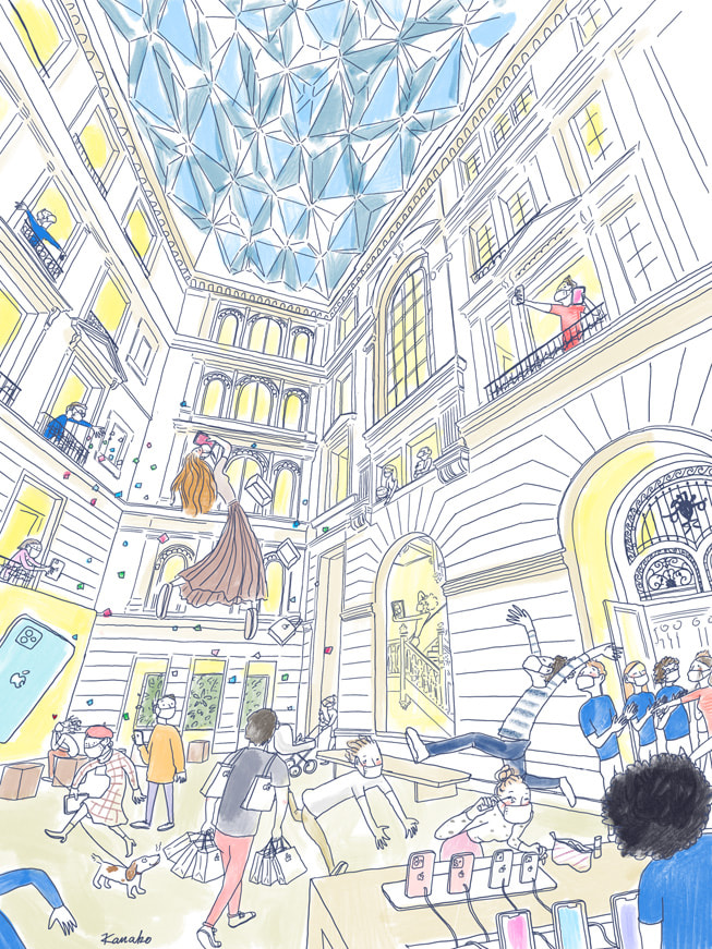 Colorful illustration of the action inside Apple Champs-Élysées by Kanako Kuno, made on iPad mini.